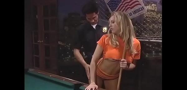  After playing billiards, muscular dude fucks superb blonde with big tits right on the table